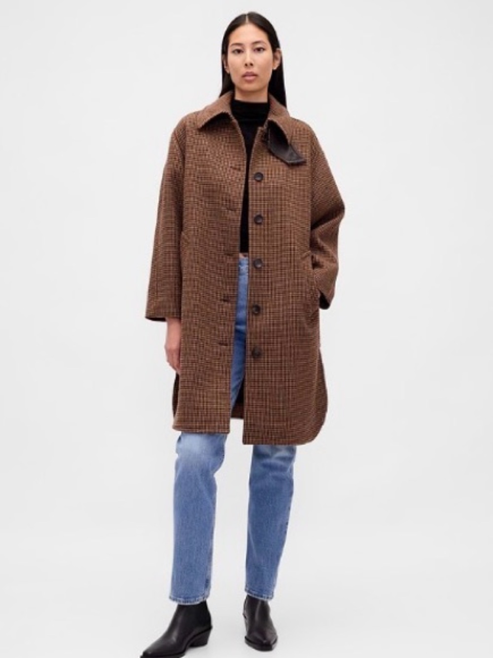 NWT Gap Wool Blend Oversized Houndstooth Car Neutral Tan Plaid Coat Sz M/P